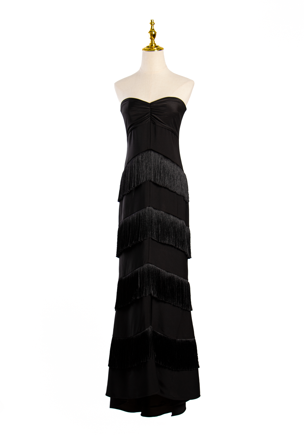VESTIDO LARGO NEGRO CON FLECOS