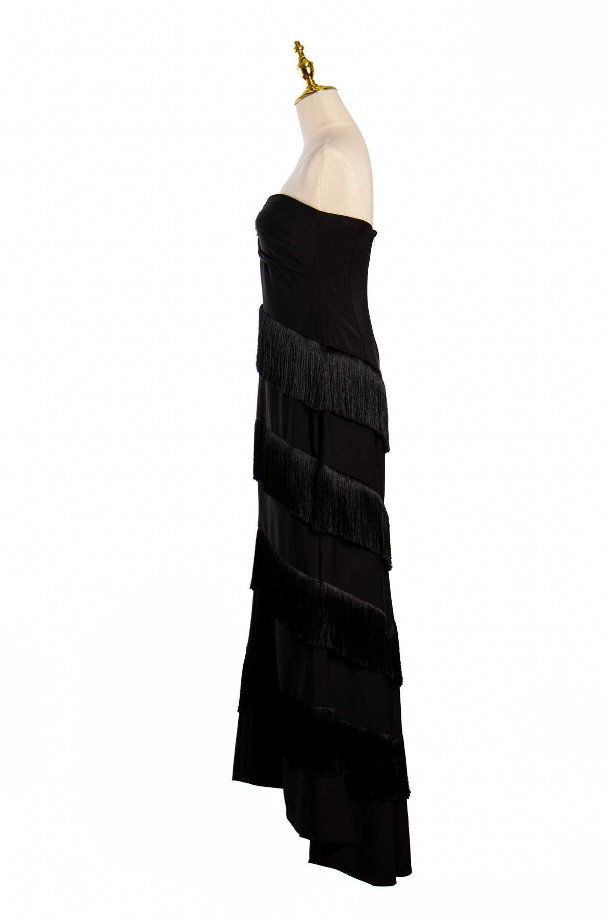 VESTIDO LARGO NEGRO CON FLECOS
